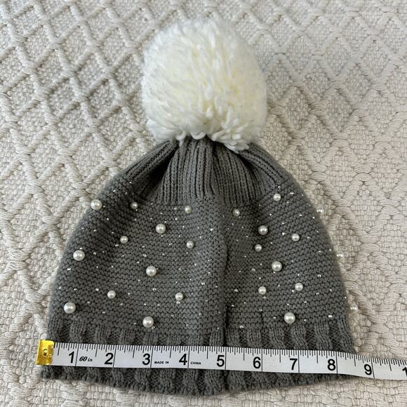 Capelli New York Gray Beanie Hat Pom Pom Pearl Rhinestone Embellished M/L - Picture 7 of 10